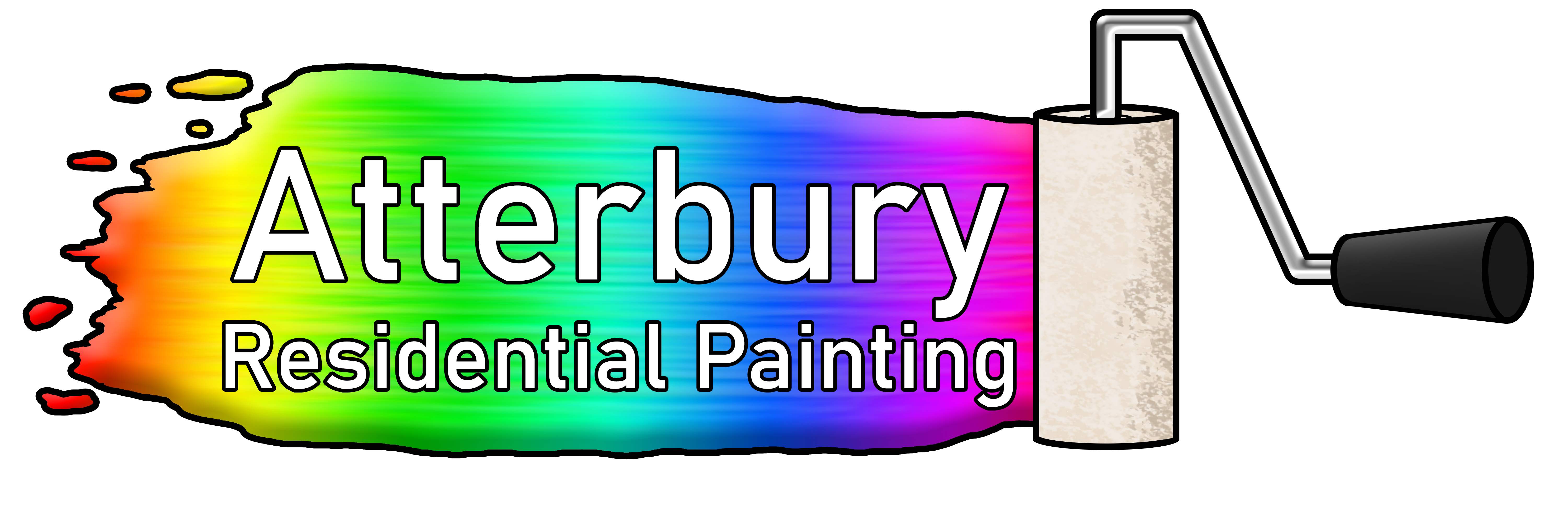 A paint roller painting a rainbow of paints onto a surface that says "Atterbury Residential Painting".