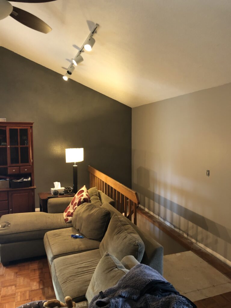 A living room with a fresh coat of green paint on the furthest wall, and a fresh coat of beige paint on the closest.